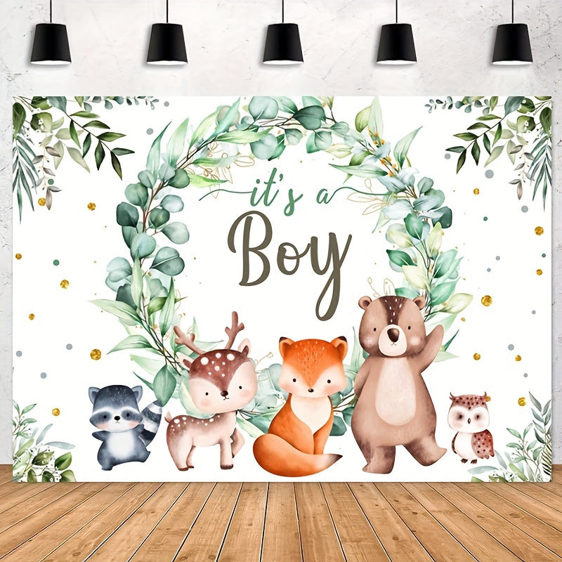 Baby Shower Background for Boy with Green Garland Fox and Wild Animals