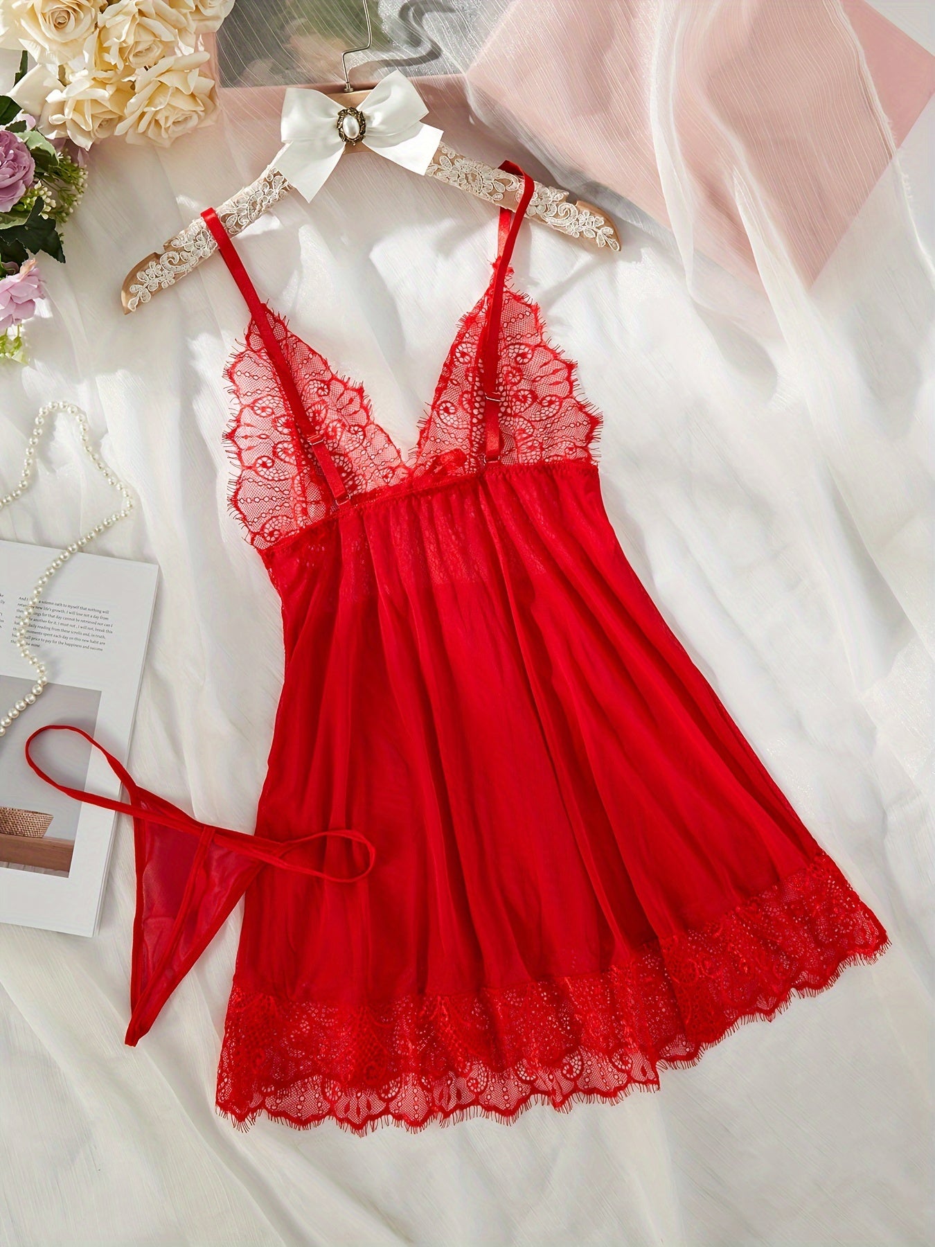 Red Lace Lingerie Set with Bow Details, Includes Dress and Thong for Women