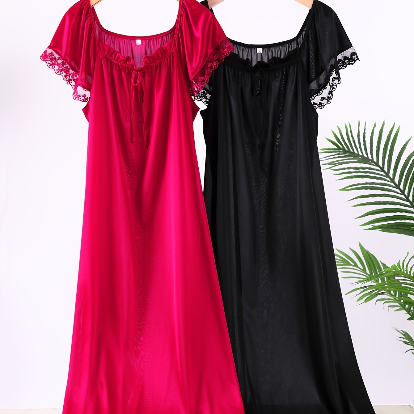 Women's Satin Sleep Dresses with Lace Trim Square Neck Short Sleeve Nightgowns in Red and Black Polyester Blend