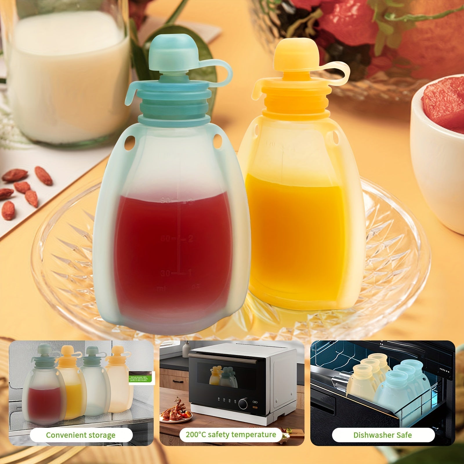 Bolsa de silicona reutilizable con cuchara de alimentación recargable, apta para congelar y almacenar