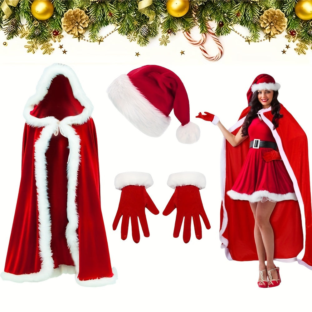 Conjunto de accesorios de Santa Claus de Navidad para mujer, capa con capucha de terciopelo, sombrero y guantes