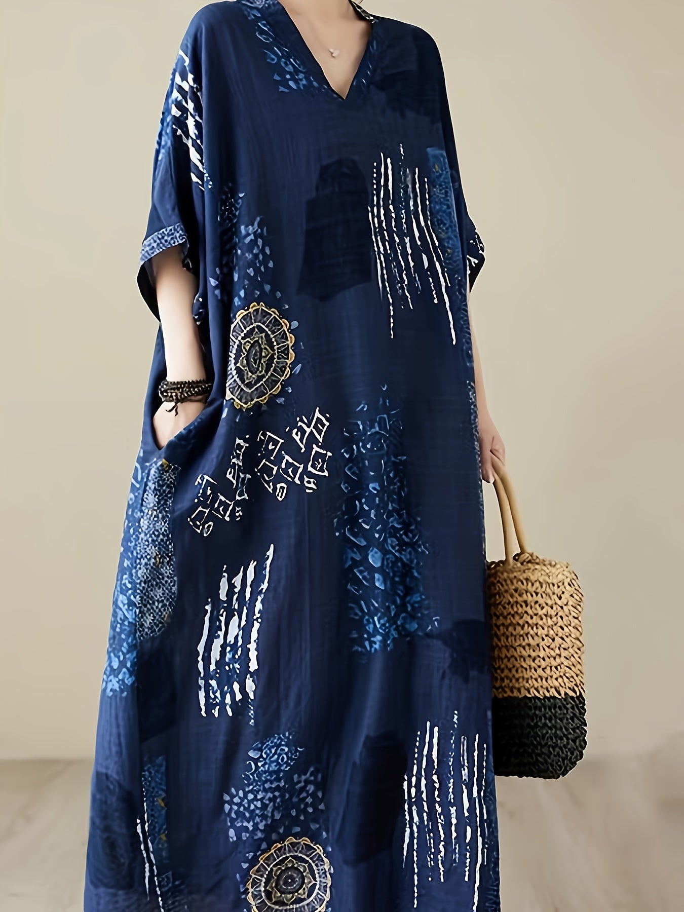 Plus Size V-Neck Kaftan Dress Short Sleeve Casual All-Season Woven Gown