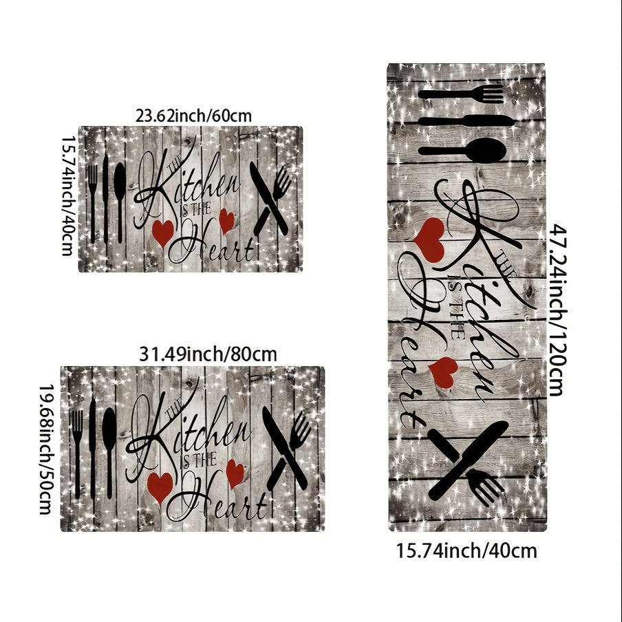 Wood Grain Kitchen Mat with Heart Knife and Fork Design Durable Polyester Non-Slip Washable