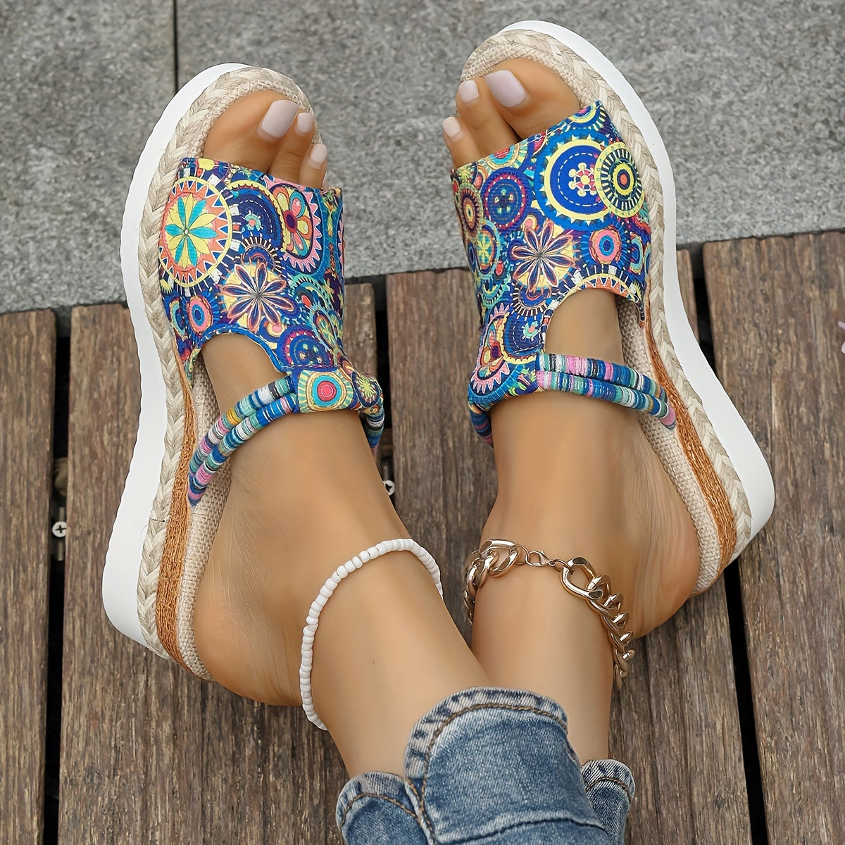 Women's Mandala Print Platform Wedge Sandals Slip-On Summer Beach Slides