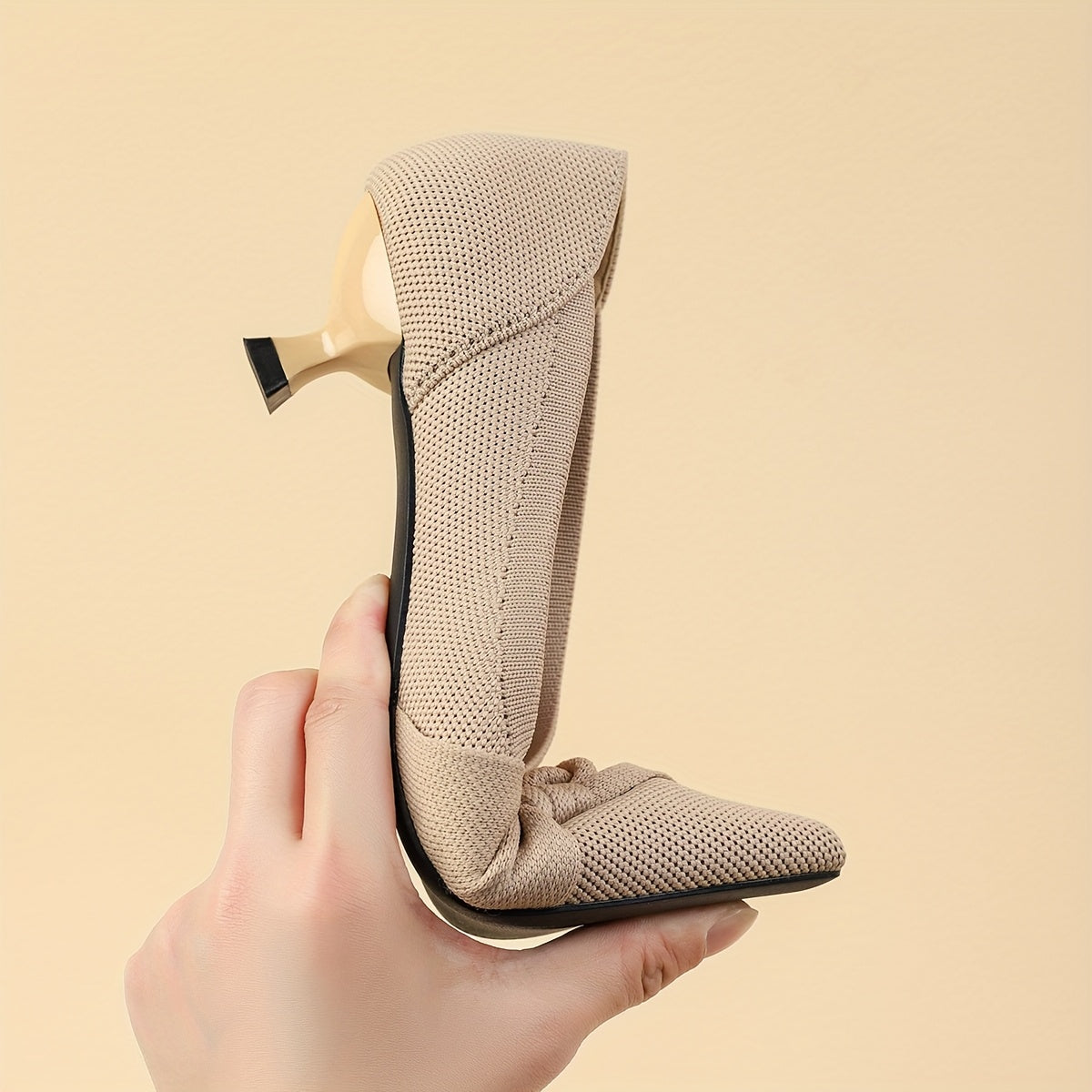 Women's Black Knit Slip-On Pumps with Pointed Toe and Bow Detail