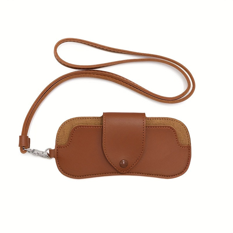 Unisex Brown Black PU Leather Eyeglass Case with Neck Strap and Holder