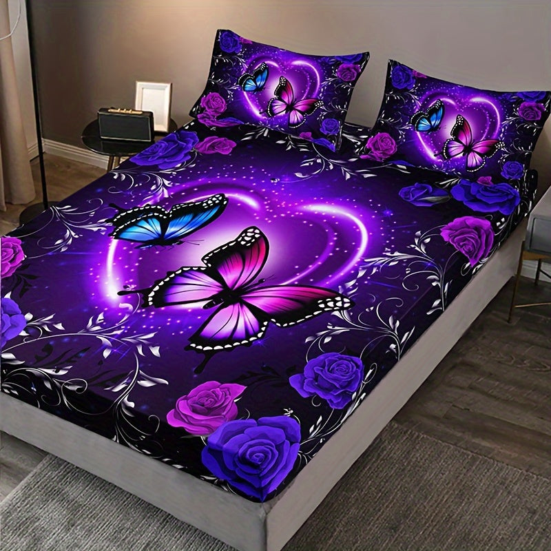 Set of 3 Purple Butterfly Floral Fitted Sheets Breathable Mattress Protector Deep Pockets Bedding Set