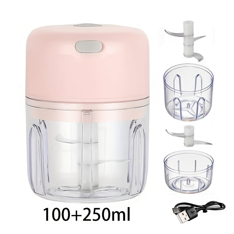 Transparant dizayni va ko‘k LED chiroqlari bilan USB orqali qayta zaryadlanadigan mini sarimsoq bosish va elektr go‘sht maydalagich, oshxona uchun portativ, 100ml yoki 250ml sig‘imda mavjud.