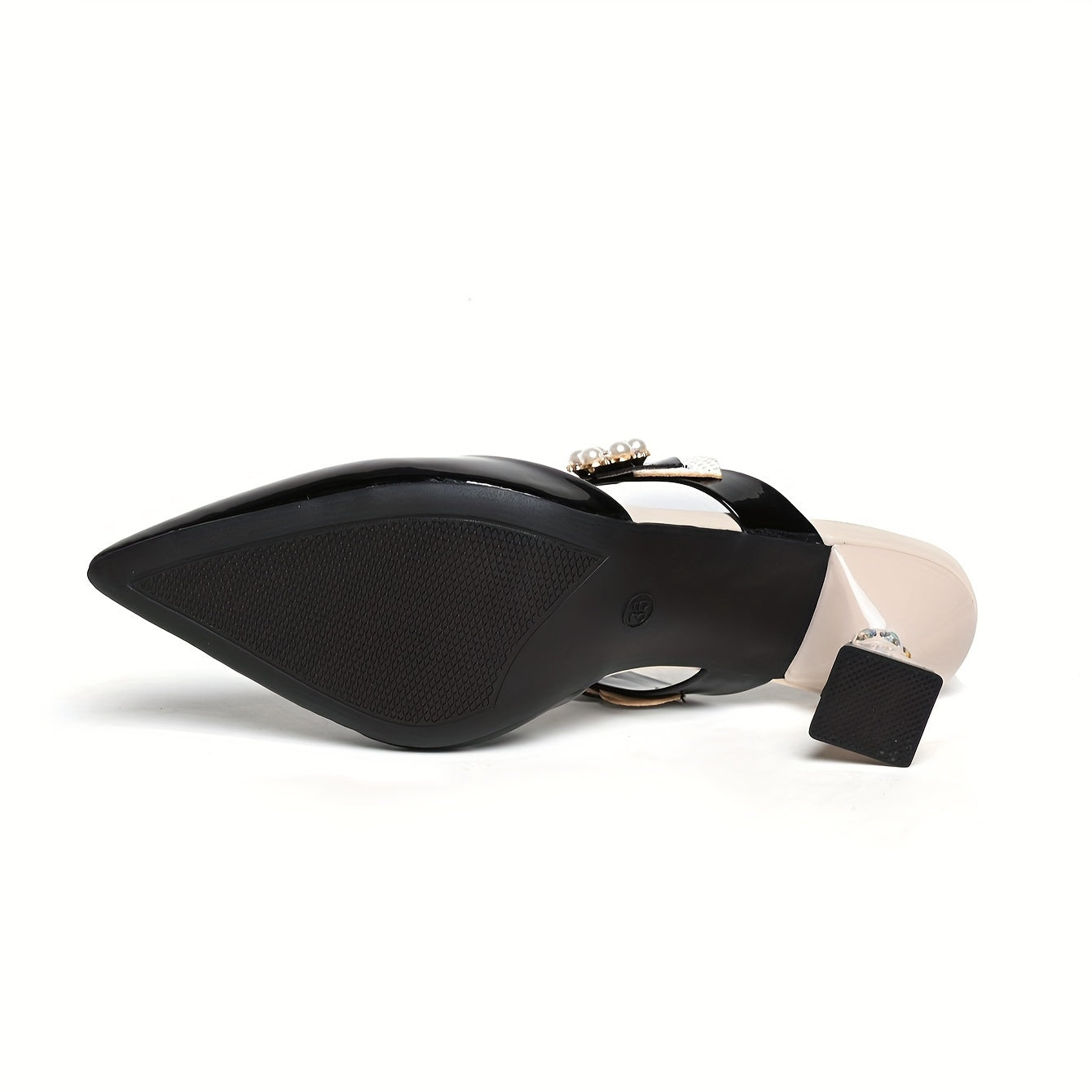 Women's Faux Pearl Heart Strap Dress Sandals Slip-On Chunky Heel Point Toe