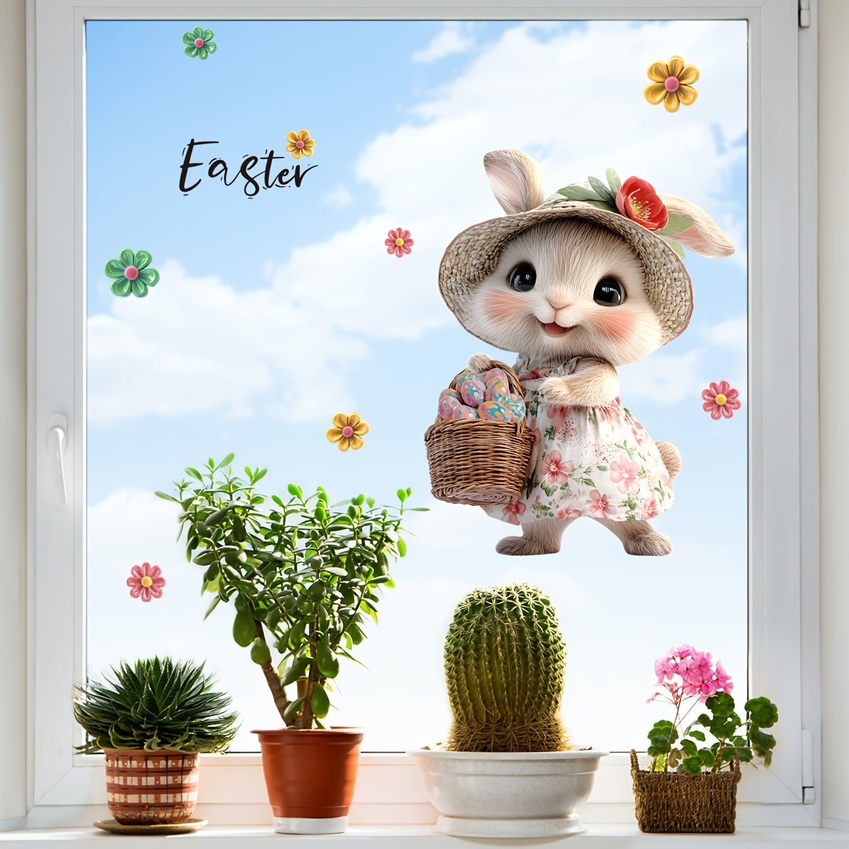 Easter Bunny and Eggs Floral Window Cling 20x30cm Reusable PVC Sticker Decor