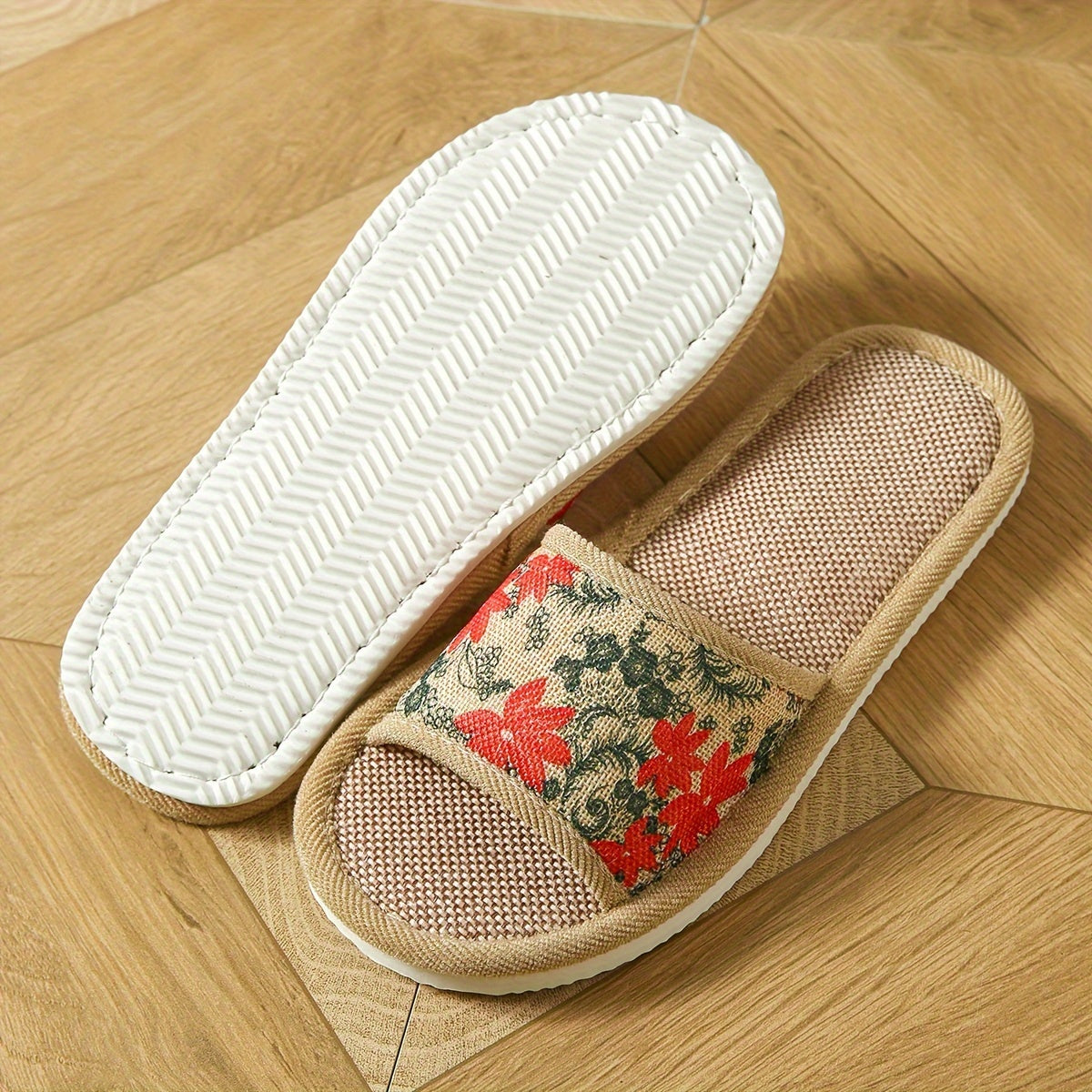 Women's Floral Linen Slippers with Non-slip Sole for Indoor Home Use