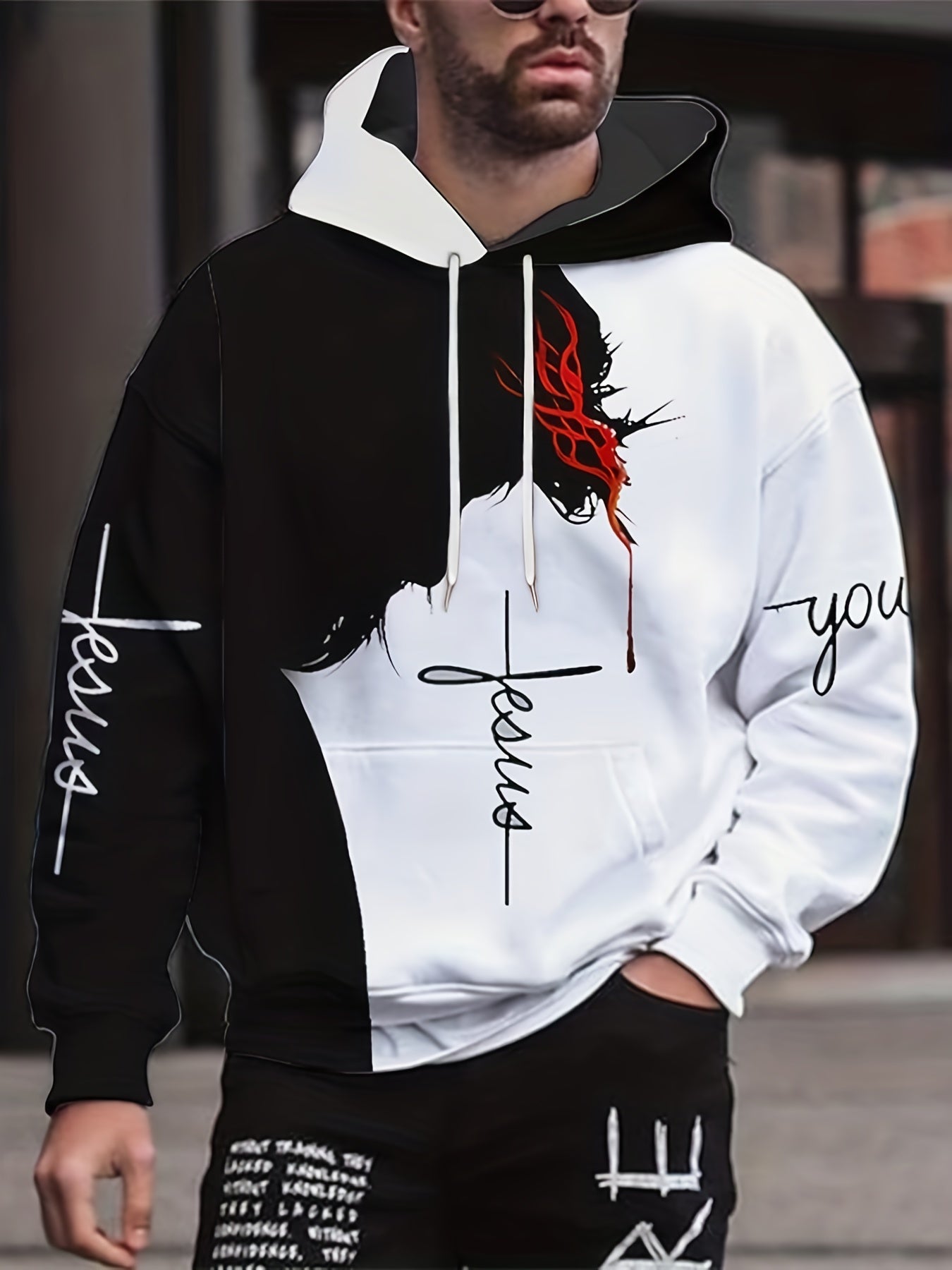 Plus Size Men's Oversized Hooded Sweatshirt with Animal Print in Contrasting Colors for Autumn Winter