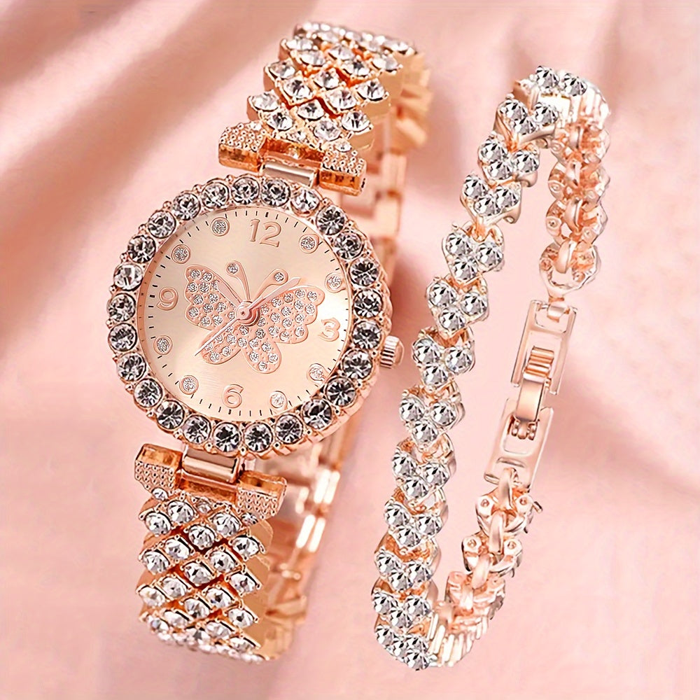 Set of 2 Elegant Butterfly Quartz Watches with Stainless Steel Bands and Matching Bracelet for Women