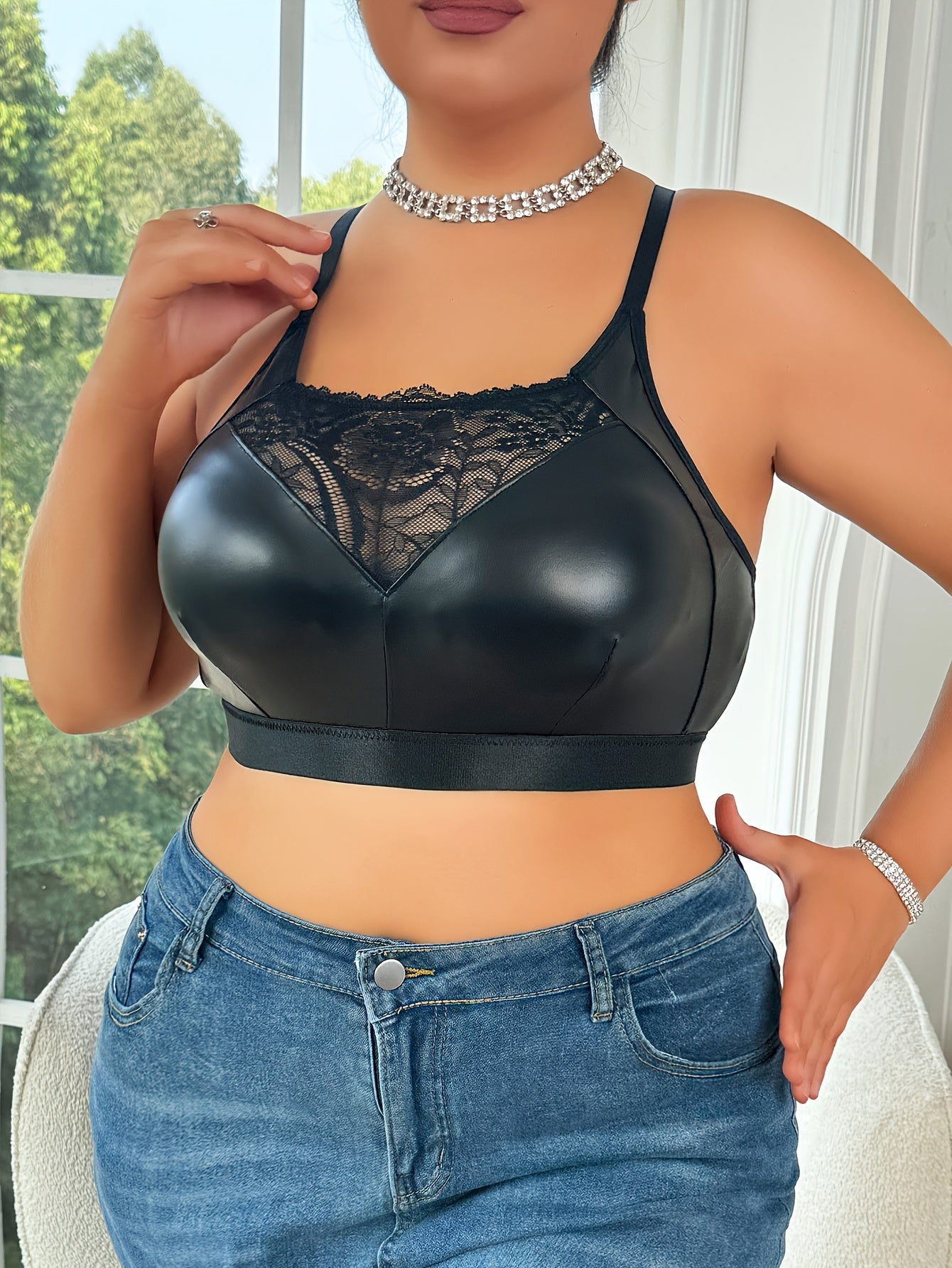 Top de lencería para mujer talla grande, sin mangas, de cuero falso, sin espalda, con ribete de encaje