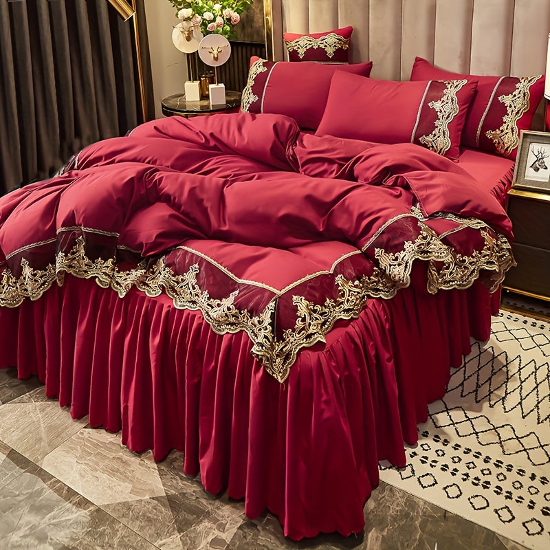 Европейский комплект постельного белья с кружевом и ворсом, 2/3 предмета, однотонное, наволочки, чехол на пуховик, моется в машине