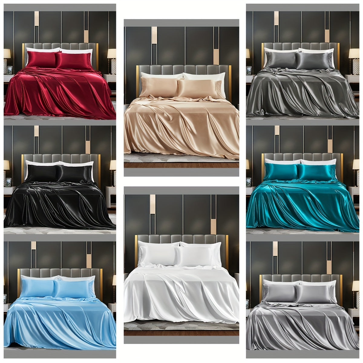 Satin Bed Sheets Set Fitted and Flat Sheets with Pillowcases for Bedroom
