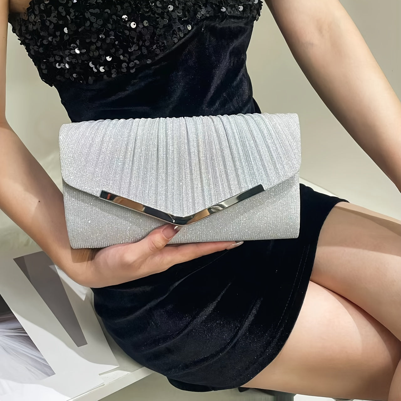 Women's Glitter Fabric Envelope Clutch Bag with Removable Strap for Weddings and Parties