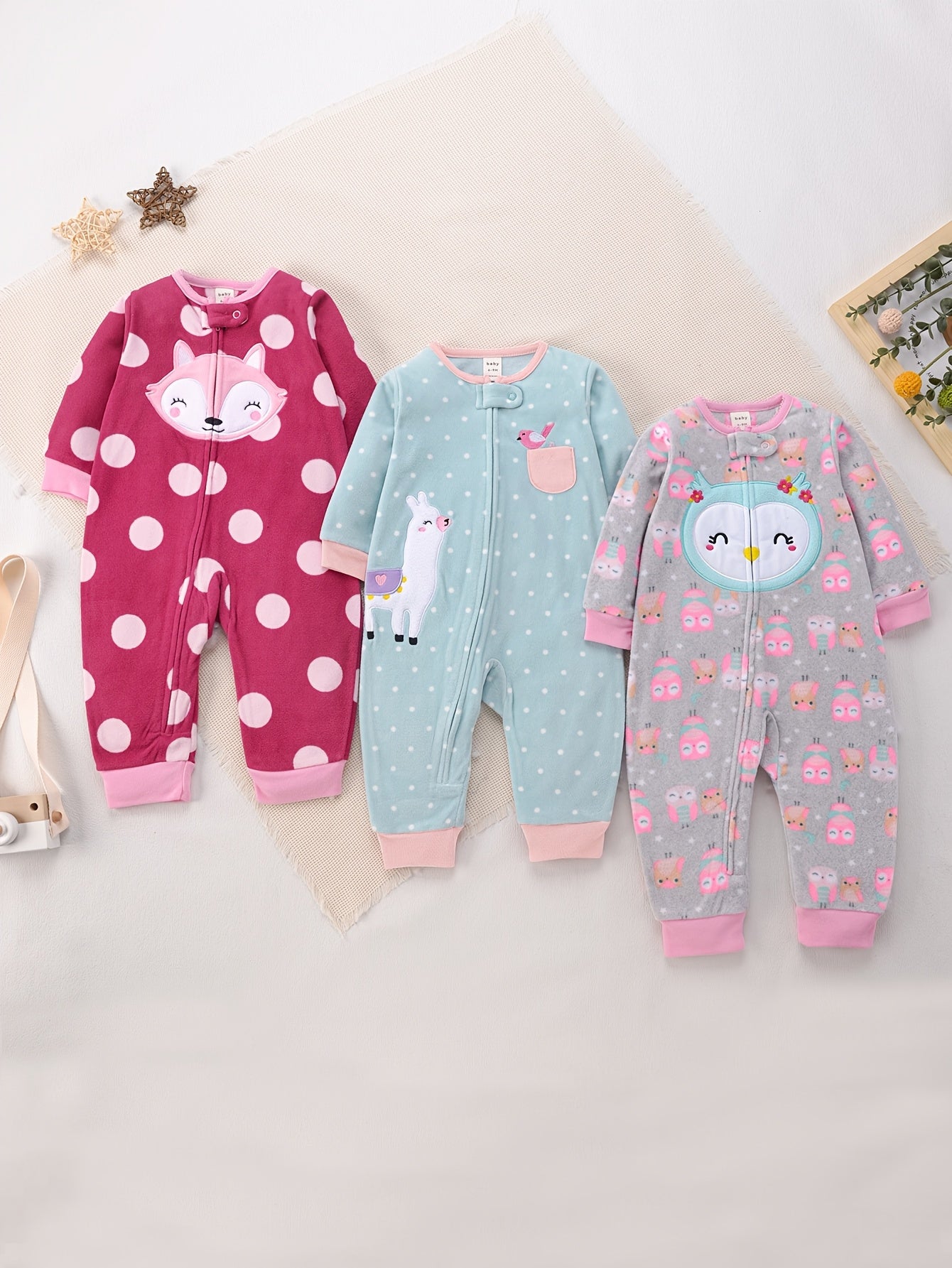Baby Girls Fleece Long Sleeve Bodysuits Set with Animal Embroidery for 0-3 Years