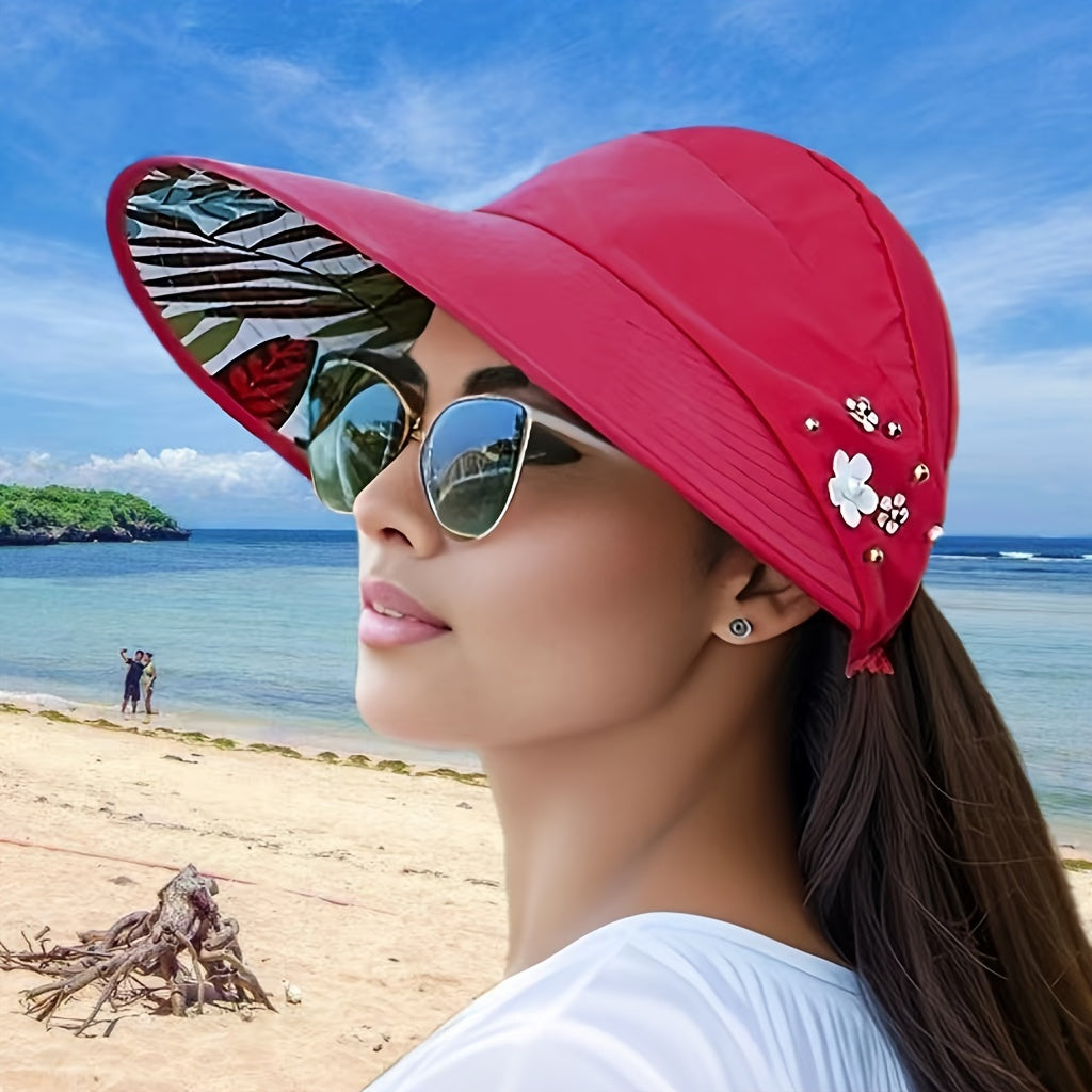 Women’s Beaded Sun Visor with UV Protection Foldable Polyester Outdoor Hat