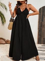 Plus Size Women's Sleeveless Wide-Leg Pants Black Loose Fit All-Season Casual