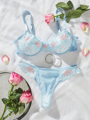 Women's Floral Embroidered Mesh Lingerie Set with Unlined Bra and Thong