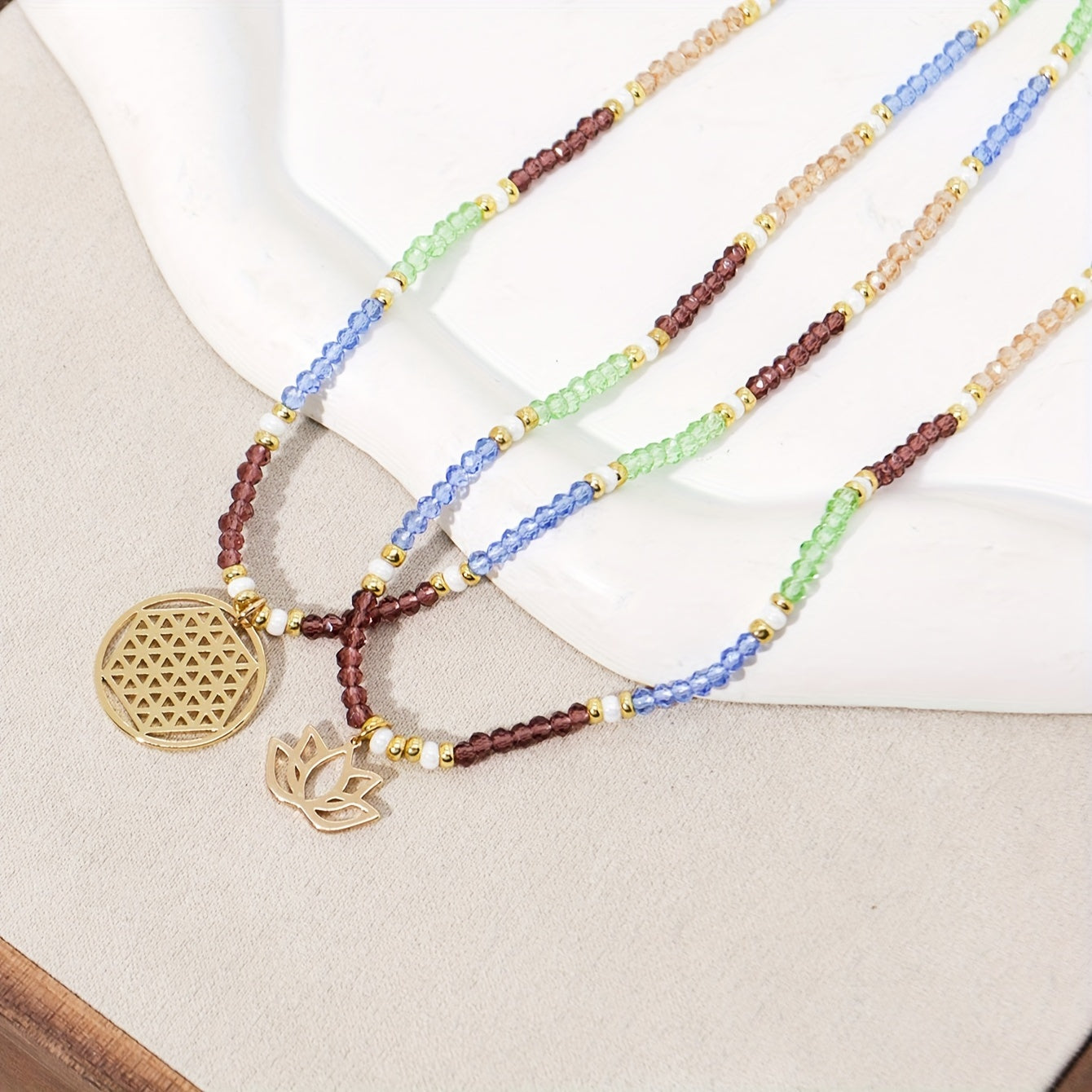 Set of Two Bohemian Crystal Beaded Lotus Pendant Necklaces for Women Stylish Double Layer Jewelry for Vacations Parties Festivals