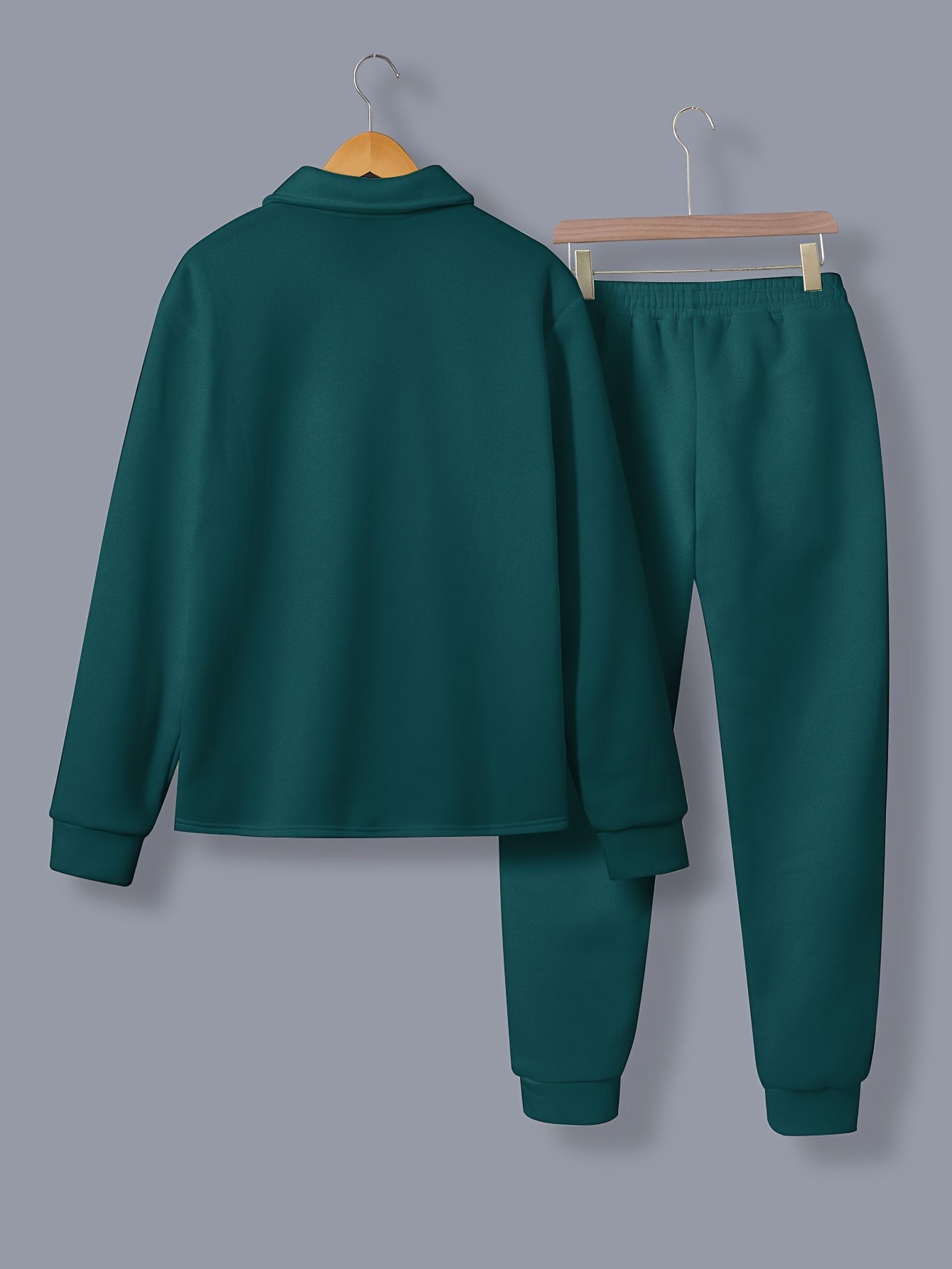 Men's Casual Solid Color Polyester Outfit Long Sleeve Button-Down Jacket and Drawstring Pants for Fall Winter