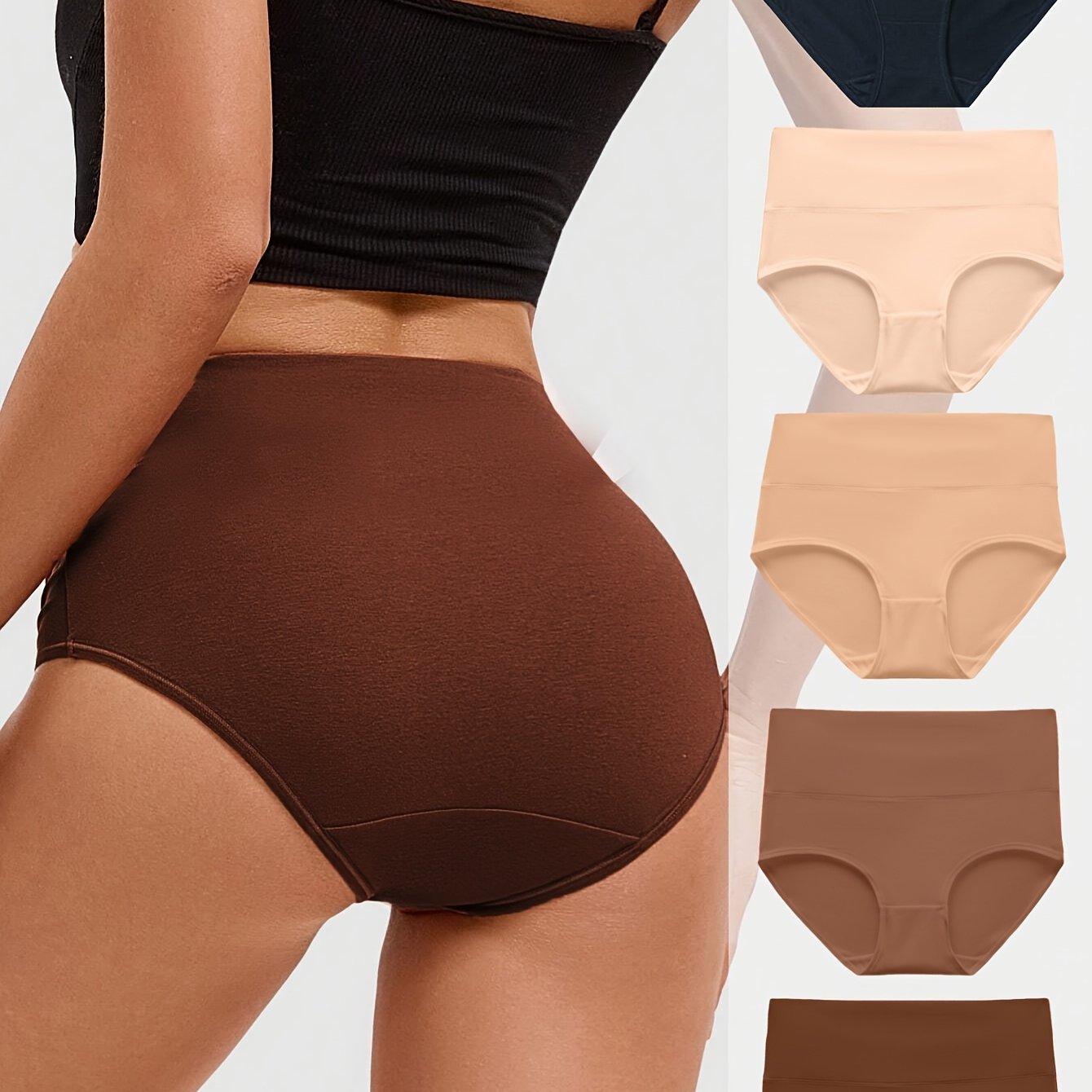 Women's High Waist Cotton Briefs 5-Pack Breathable Solid Color Underwear