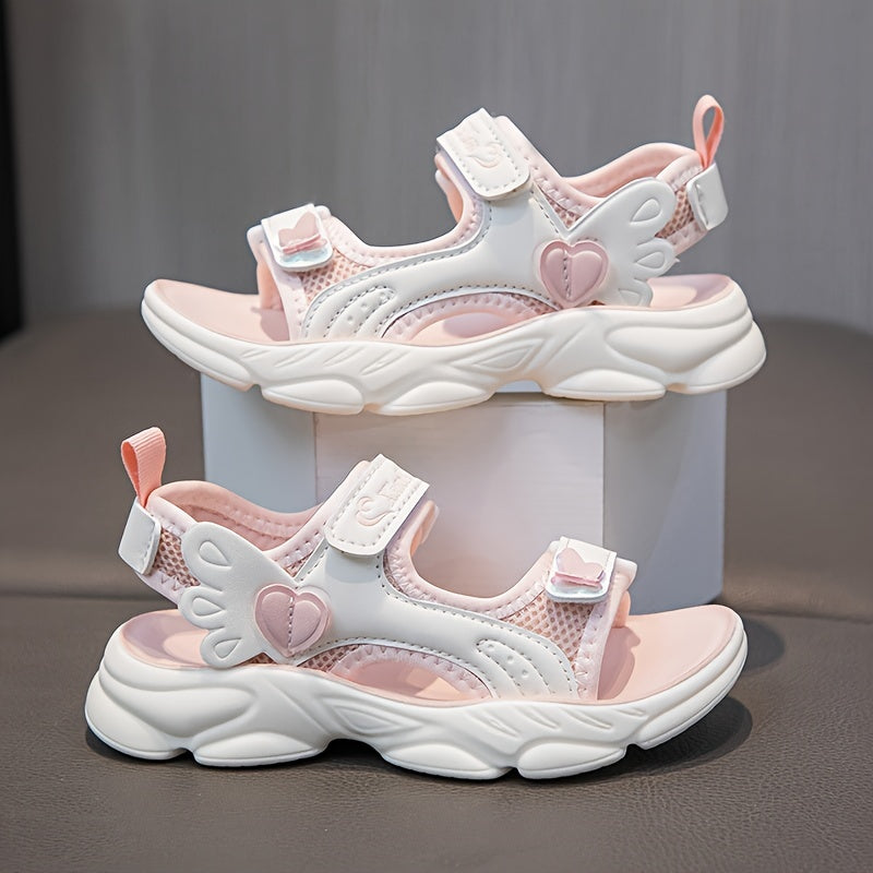 Girls Summer Sandals Lightweight Non-Slip Pink White Heart Wing Design Breathable Mesh