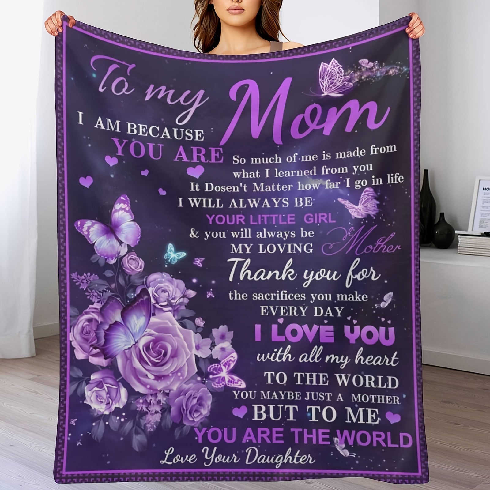 Purple Flowers and Butterfly Print Throw Blanket Soft Warm Gift for Mom