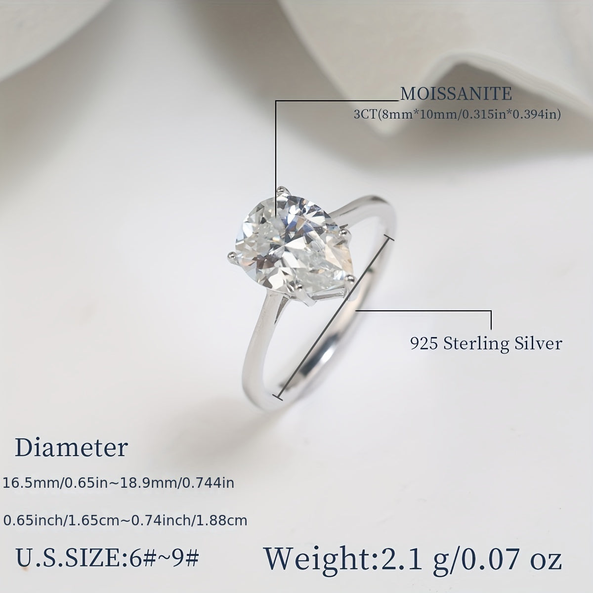 Hypoallergenic Moissanite Engagement Ring Sterling Silver Pear-Shaped 3ct 2ct 1ct