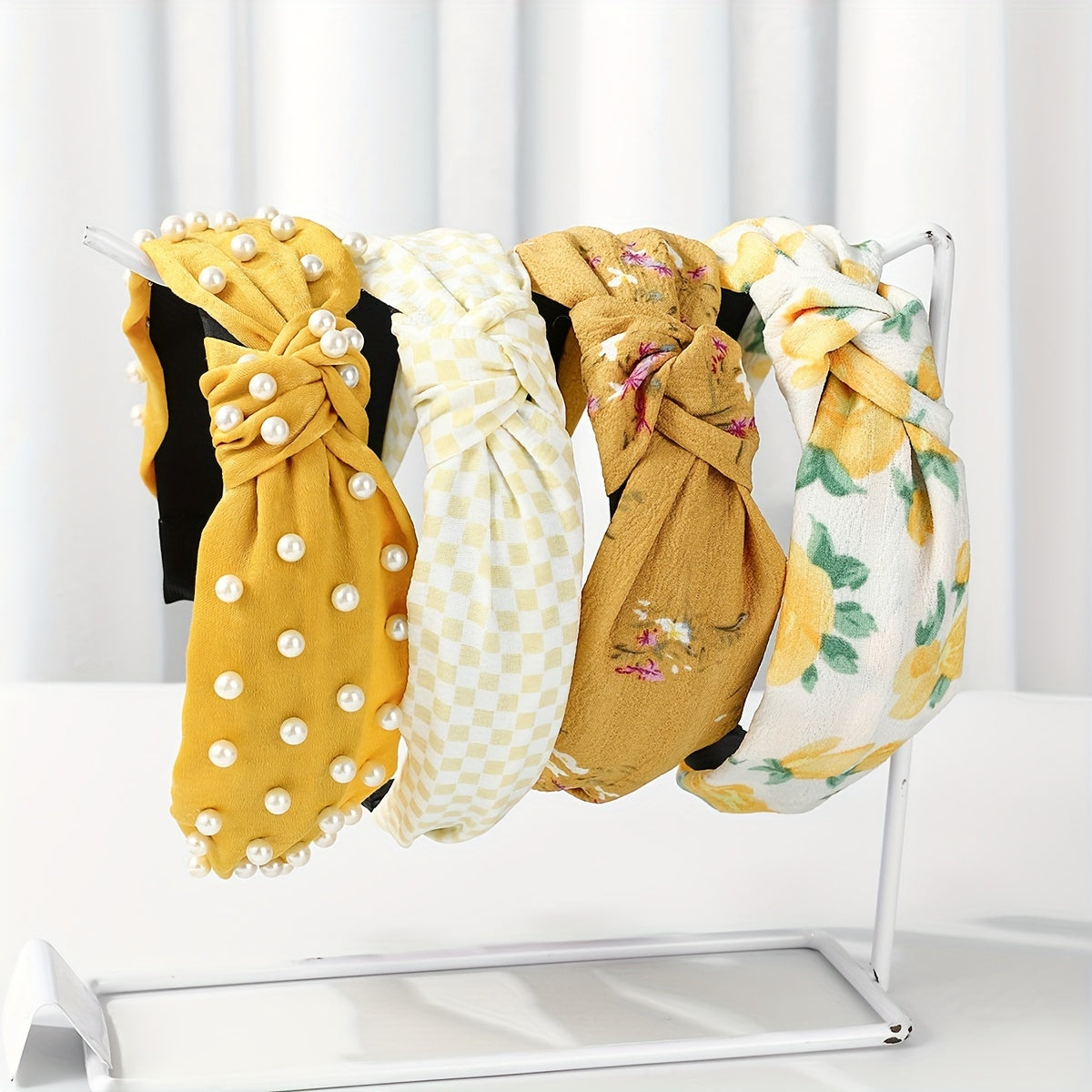 Set of 4 Women's Fabric Floral and Polka Dot Knotted Headbands with Faux Pearl Details
