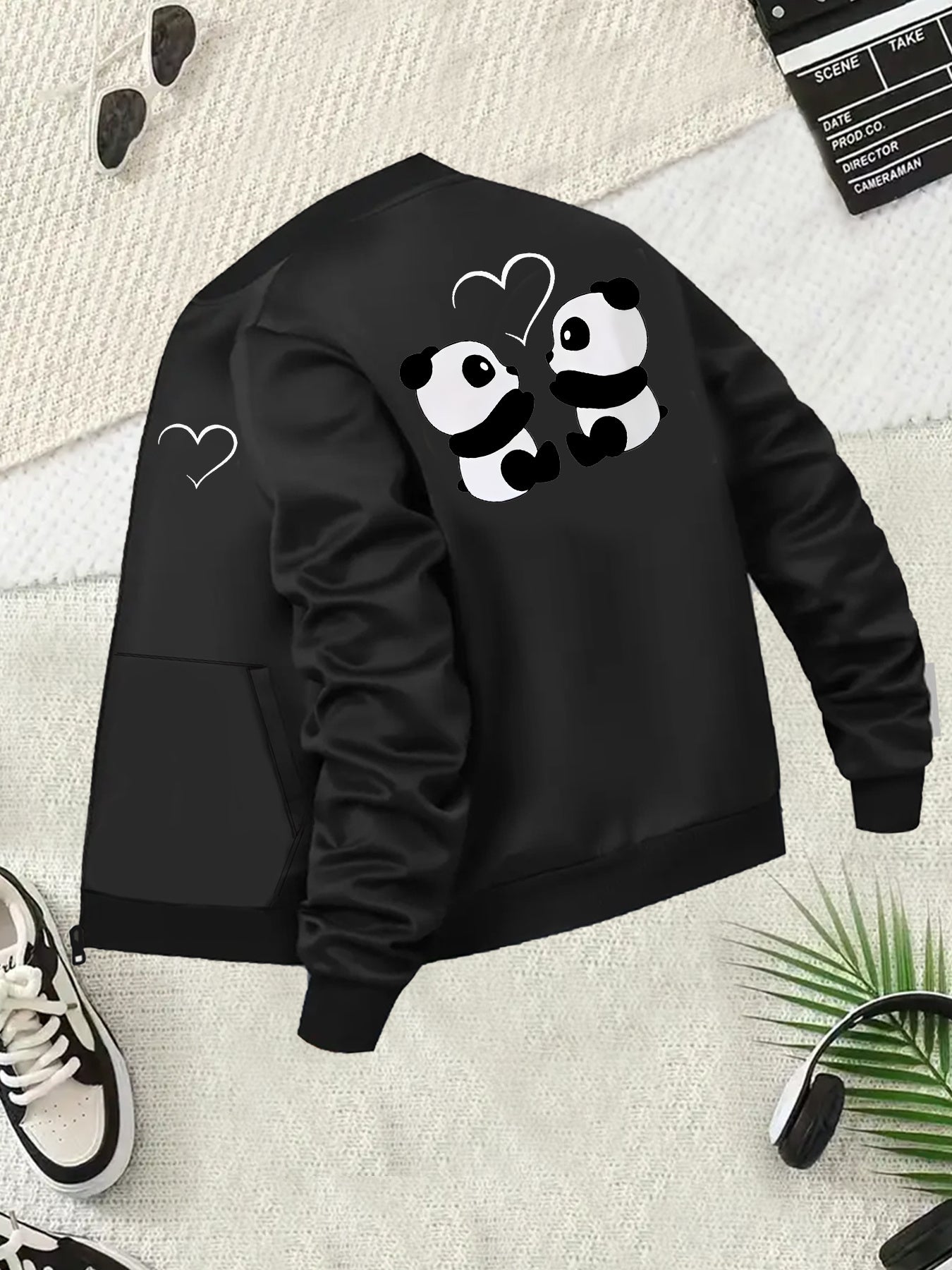 Women's Plus Size Casual Zip-Up Jacket with Pockets and Heart Print