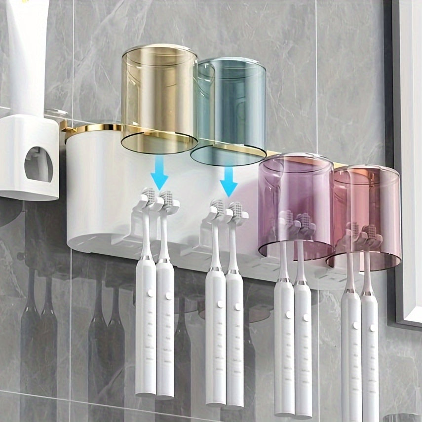 Wall-Mounted Toothbrush and Toothpaste Holder with Squeezer and Storage Shelf