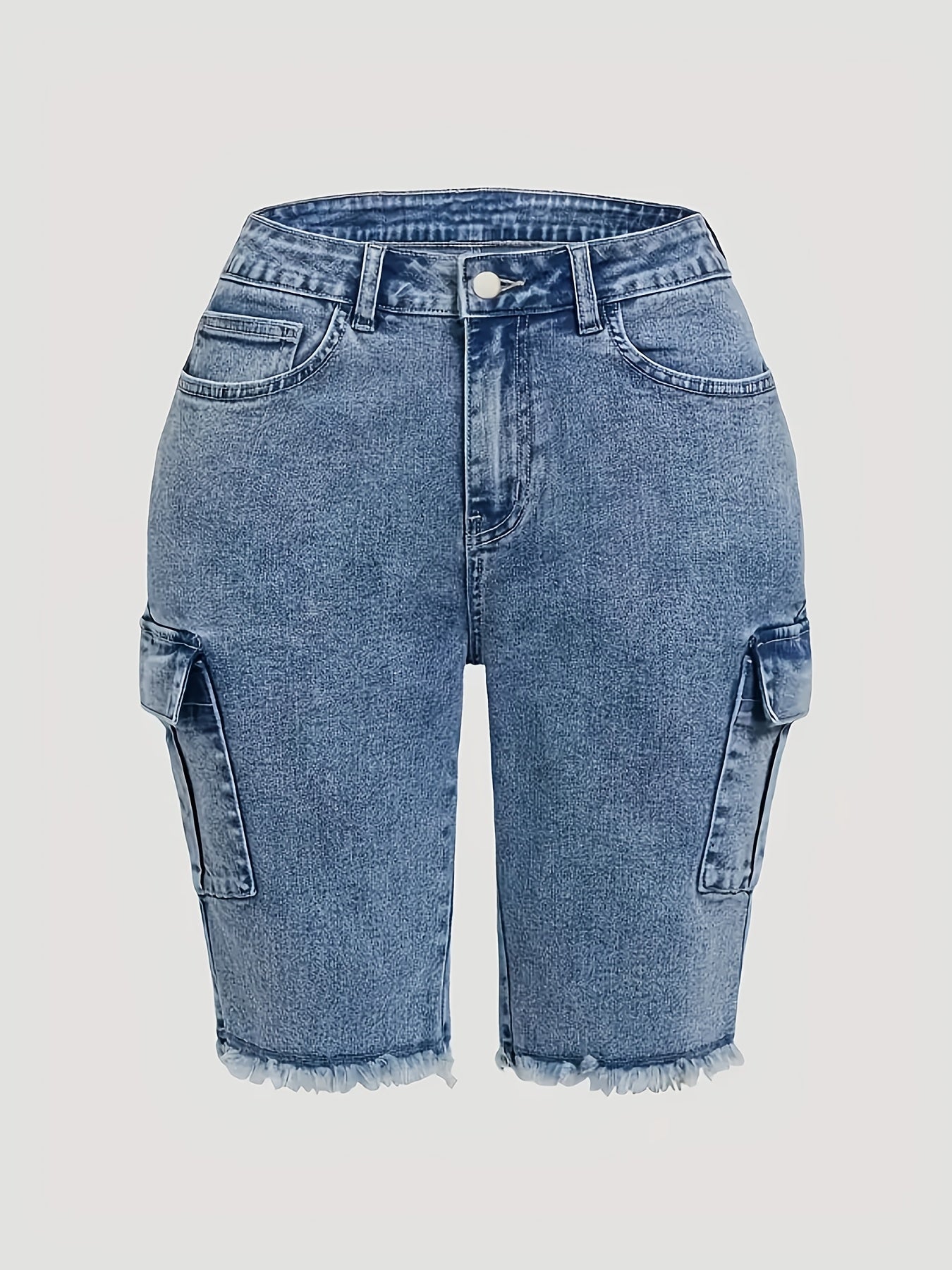 Plus Size Womens Denim Cargo Shorts With Frayed Hem Casual Summer