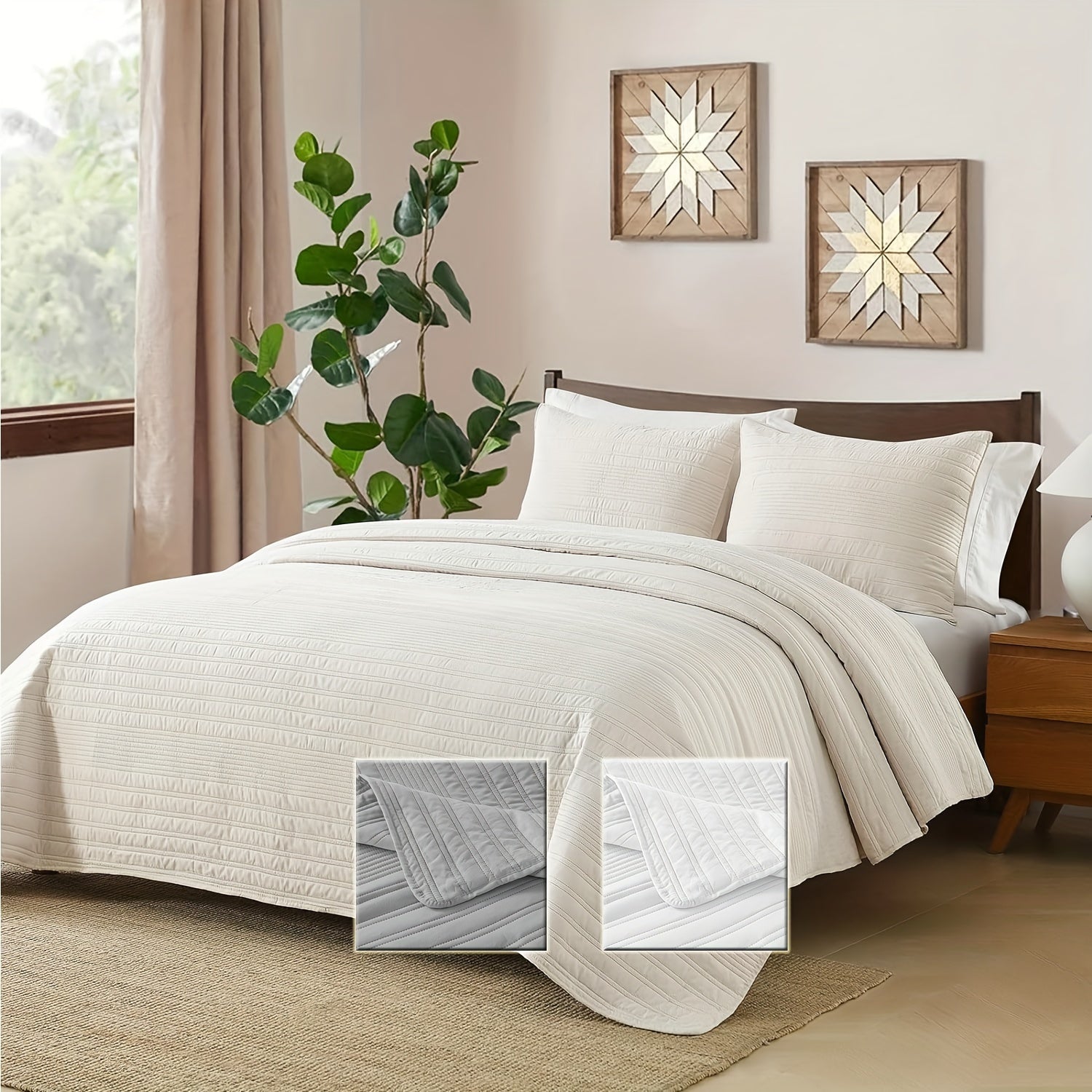 Bedding Set Double Bed Floral Striped Embossed Cotton Includes 1 Cover 2 Pillowcases