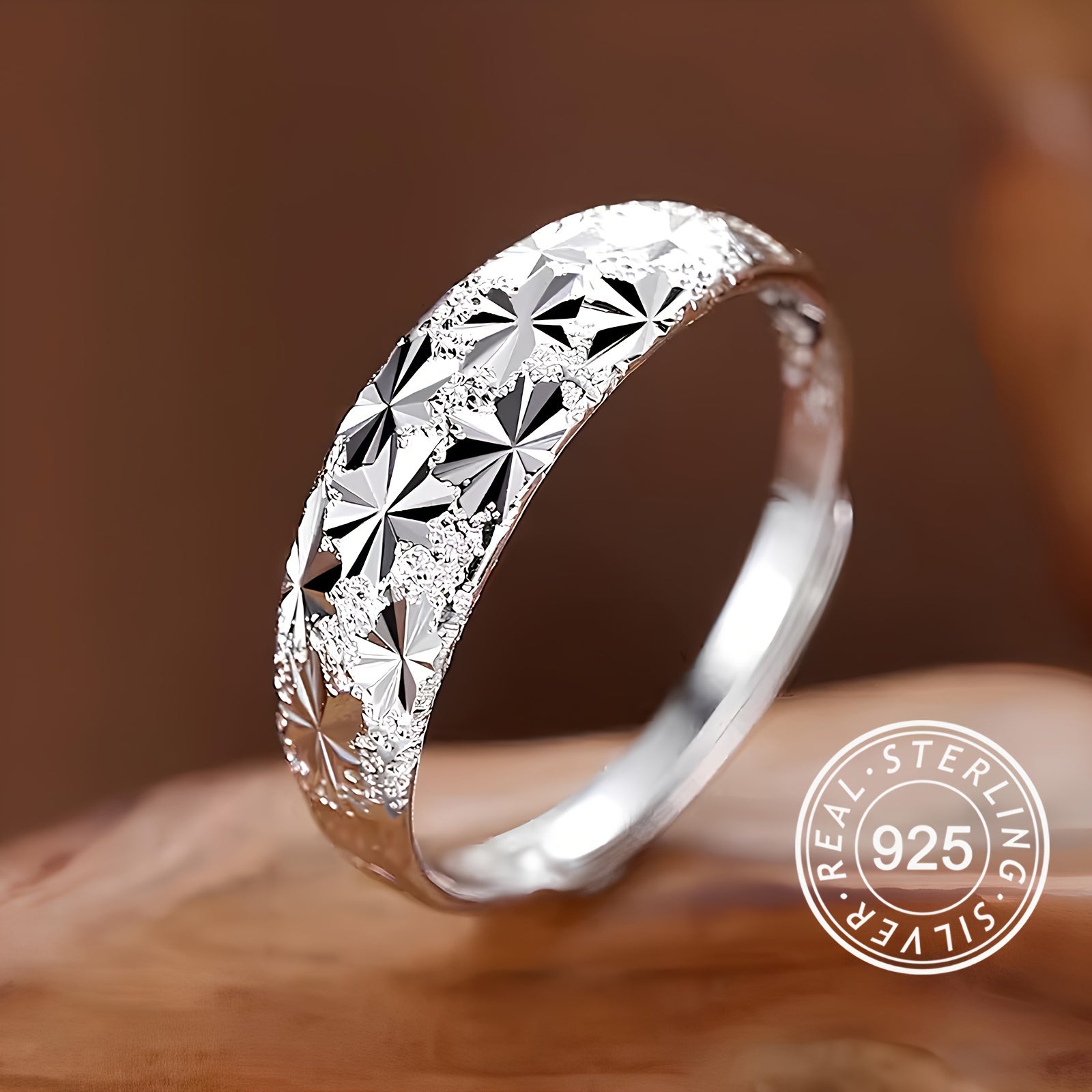 Unisex Sterling Silver Band Ring with Geometric Carving Adjustable Jewelry