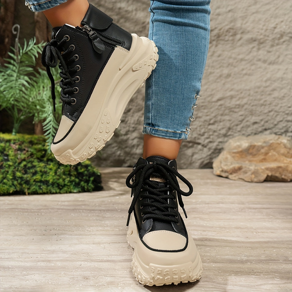 Women's High-Top Platform Sneakers with Rubber Sole Slip-Resistant Beige Black