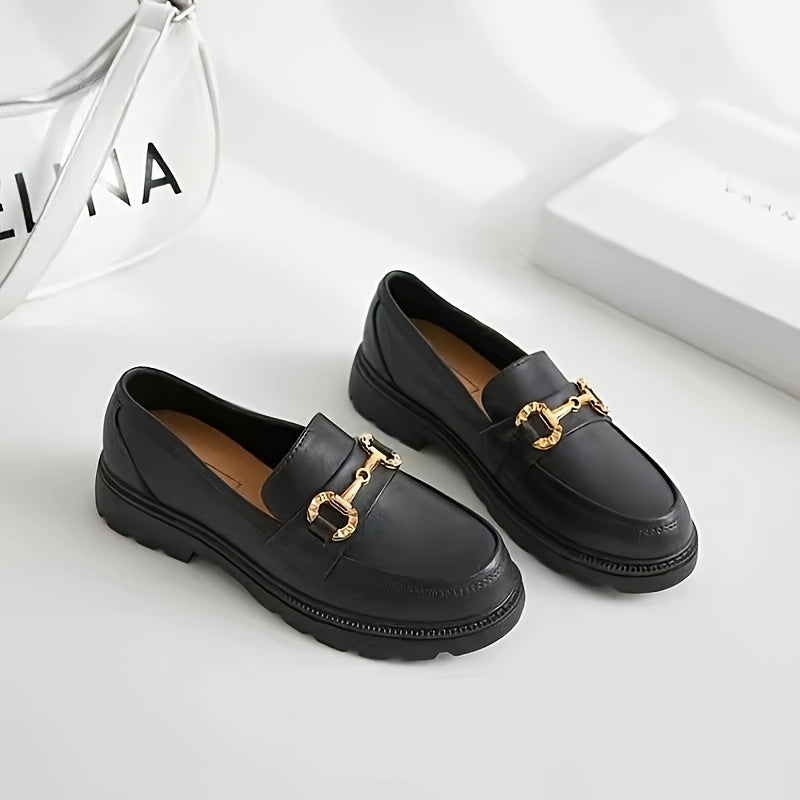 Women White Platform Loafers All-Season Round Toe Penny Style with Golden Buckle