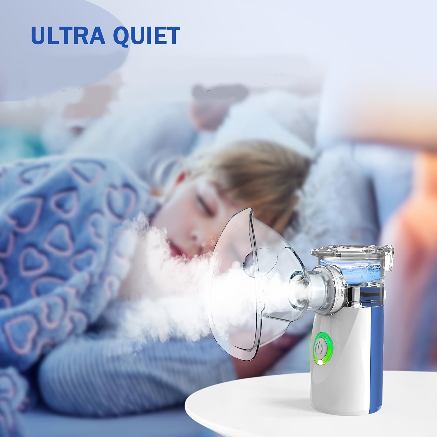 USB orqali zaryadlanadigan portativ yuz bug'latgich, chuqur tozalash va namlantirish uchun humidifier bilan. Bug' chiqarish nazorati bilan oq va ko'k dizayn. Uyda va sayohatda foydalanish uchun minimalist dizayn.