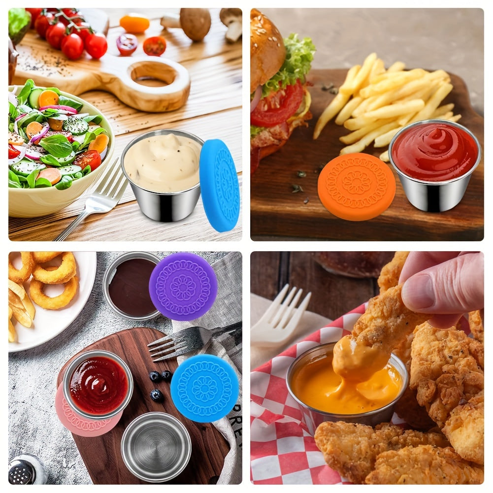 Zaxira qopqog'i bilan zanglamaydigan po'latdan yasalgan salat sousi idishlari, tushlik, botqalar va pikniklar uchun ideal.