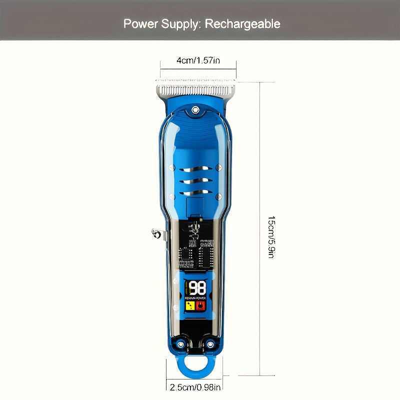 Прозрачный набор машинки для стрижки волос с ЖК-дисплеем, USB-заряжаемый. Подходит для использования в салоне и дома. Включает литиевый аккумулятор и зажимы для волос.