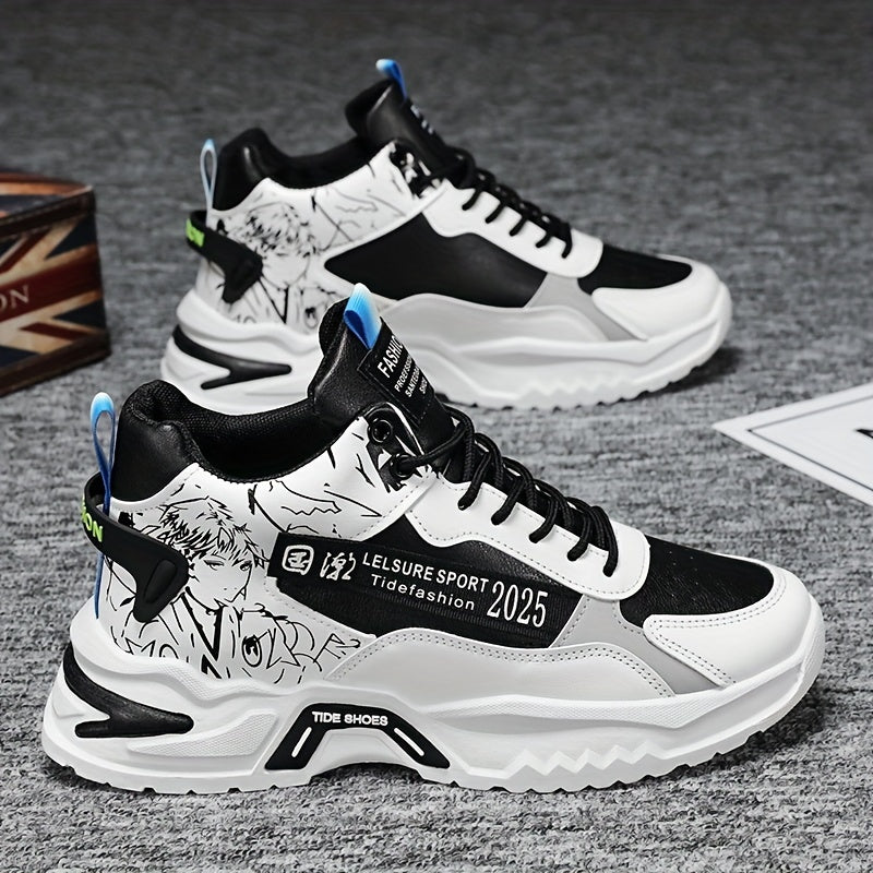 Men's Anime Pattern Lace-Up Non-Slip Platform Sneakers for Outdoor Activities