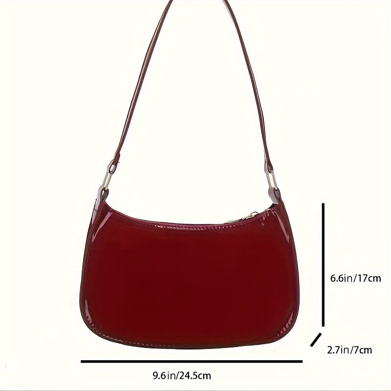 Red Glossy Women's Shoulder Bag with Zipper Closure for Everyday Essentials