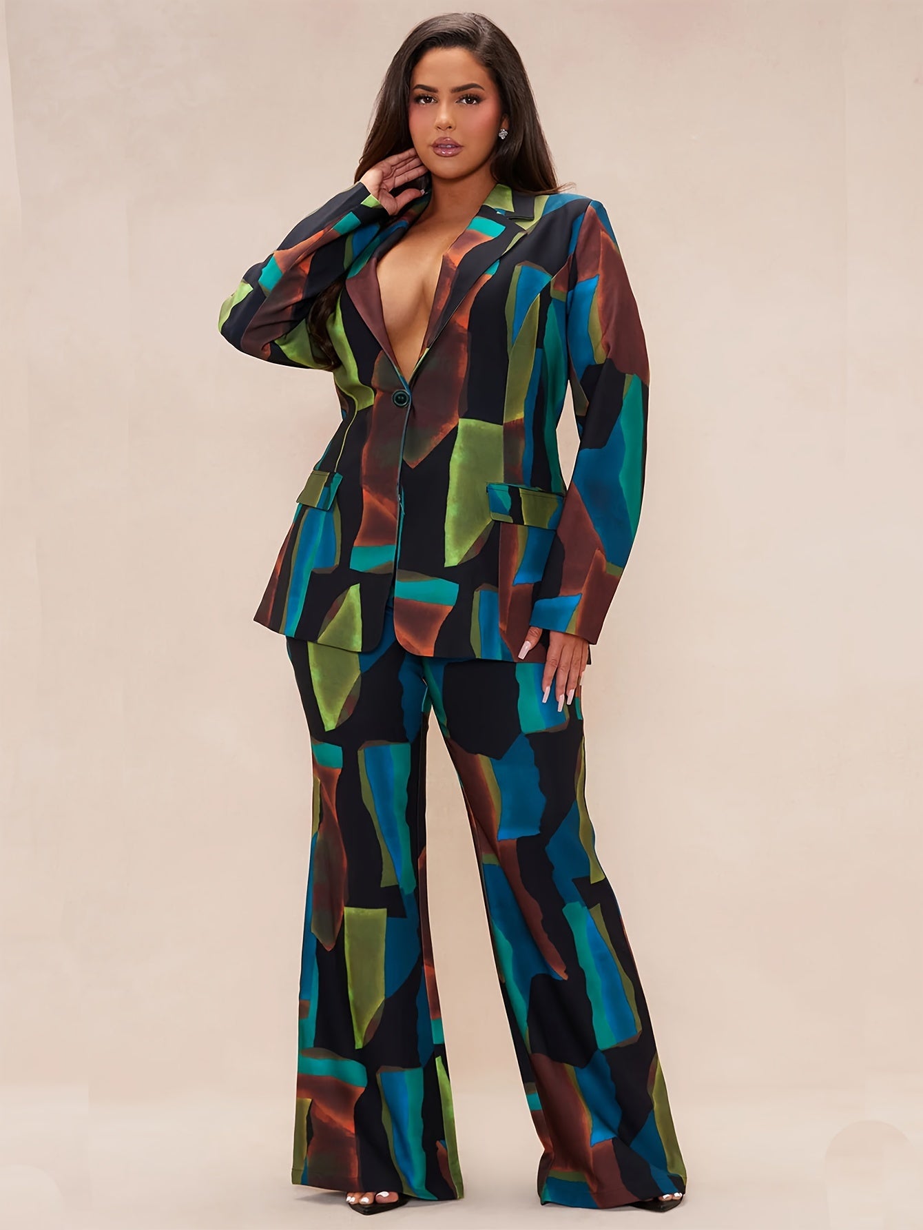 Plus Size Women's Color Block Suit Set Polyester Blazer Trousers Casual All Seasons