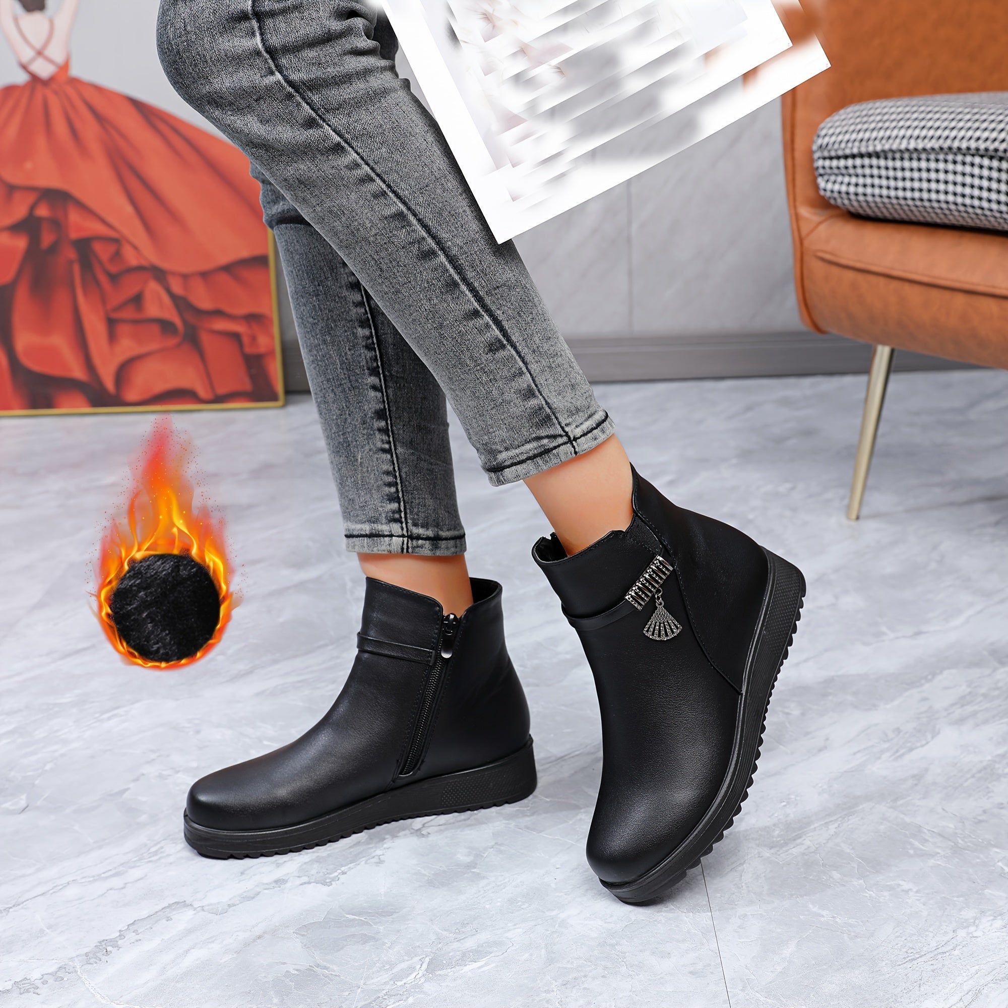 Women's Warm Furry Lined Winter Boots with Zipper and Thick PU Sole