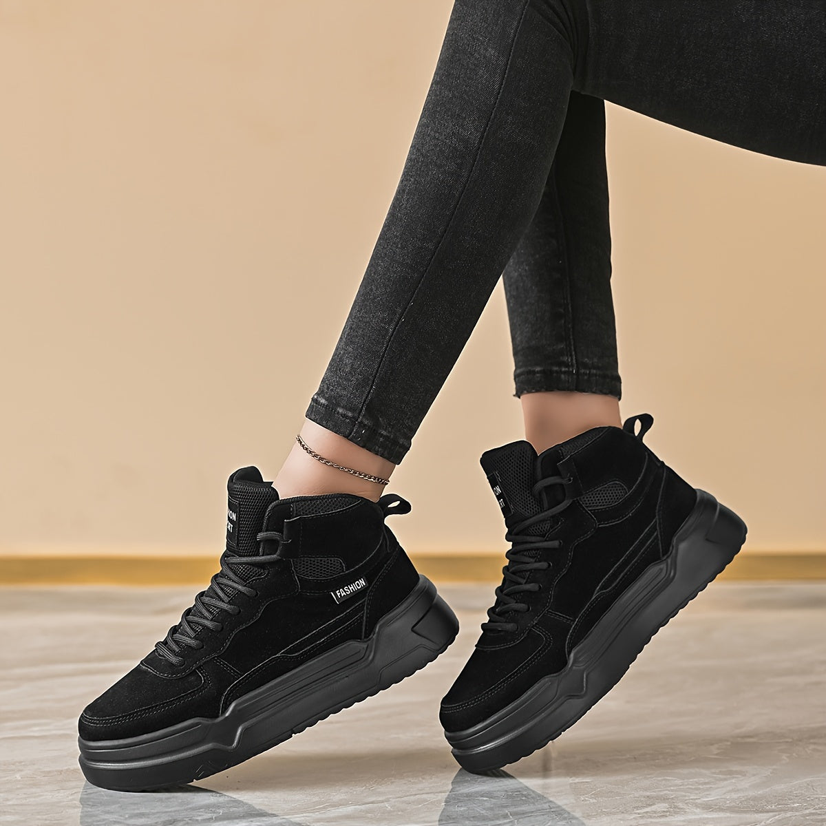 Zapatillas de moda altas para mujer, estilo callejero casual, color sólido, suela ligera de EVA, zapatos de skate