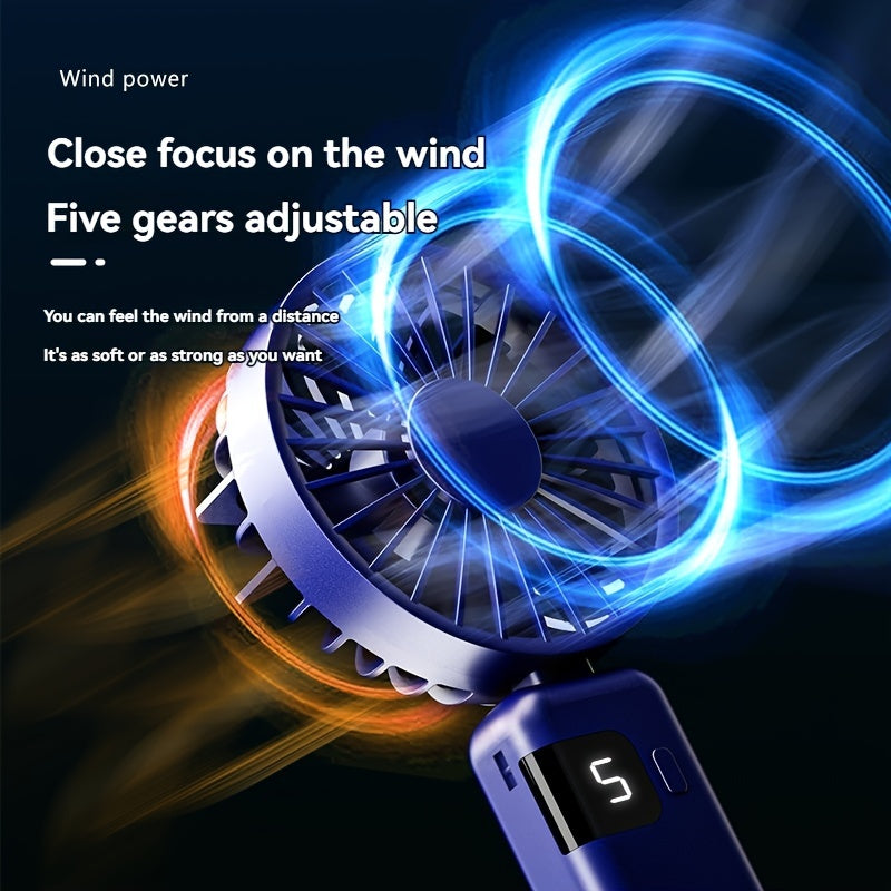 Portable Handheld Fan with LED Display, 5-Speed, Foldable, USB Rechargeable