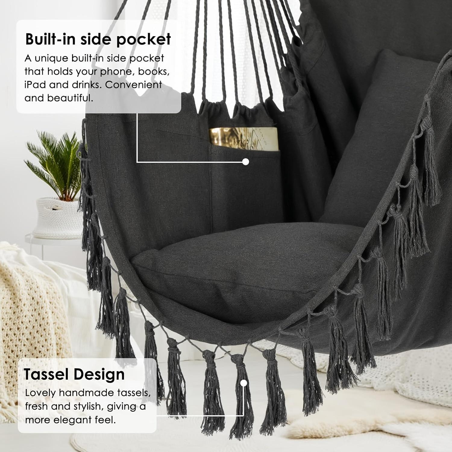 White Canvas Hammock with Tassels and Cushions for Indoor Outdoor Use Supports Up to 226.8 KG