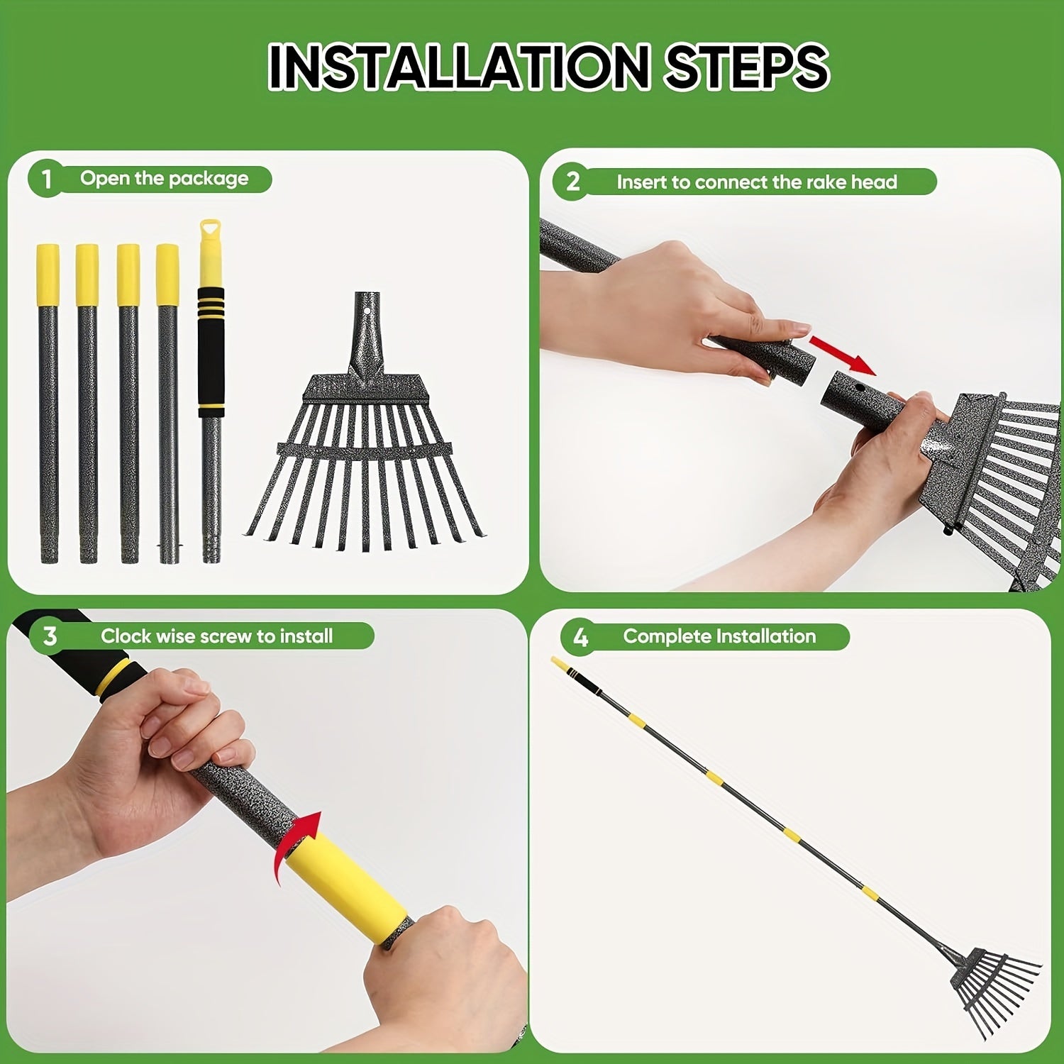 Heavy Duty Garden Leaf Rake 182.88cm with 11 Metal Tines Adjustable Steel Handle